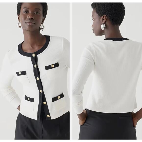 J. CREW Vintage Rib Lady Jacket Long Sleeve Cardigan White Black Sz S {3R4} - Picture 2 of 7